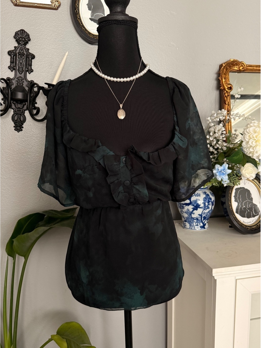 Disturbia night moth top- Black Green Floral Chiffon Ruffle Top